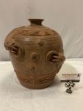 Antique ceramic Asian pot with catfish handles, has damage, see pics, approx 13 x 13 in.