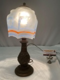 Vintage copper desk lamp w/ painted glass shade, tested/working, approx 5 x 15 in.