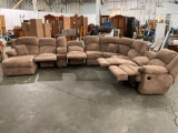 Ginormous Tan colored microfiber Sectional couch with chaise lounge, Remote storage, plus recliner