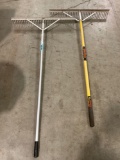 2 pc. lot of large steel leaf / landscape rakes, approx 36 x 66 in.