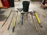 11 pc. Lot of yard tools in plastic garage can; Structon post hole digger, wood handle sledge