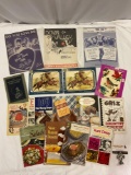 Collection of vintage cookbooks, cowboy/bird Meyercord decals, sheet music books, see pics.