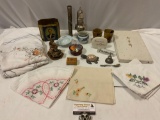 Mixed lot of vintage / antique decor / collectibles: stone turtle, linens, FRANCISCAN display signs,