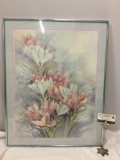 Framed Sally Burrhus floral art print, approx 22 x 28 in.