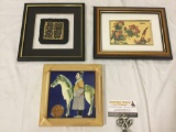 3 pc. Lot of framed Asian art pieces; Health & Longevity, man w/ horse tile, floral gold foil