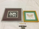 2 pc. Lot of framed Asian artwork, bird paper cut, butterfly print