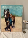 Unsigned original canvas oil painting of woman harnessing a horse, unframed, minor wear