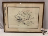 Vintage framed United States Air Force jet fighter artwork with multiple signatures, approx 25 x 19