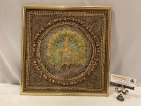 Framed antique beaded peacock artwork, approximately 15 x 15 in.