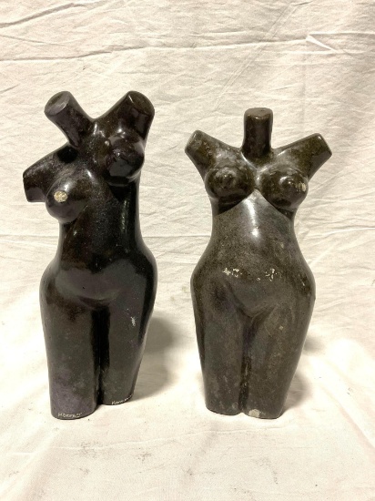 Pair of Hand Carved African shona Art Stone sculptures torso bust of women , Signed by the Artist