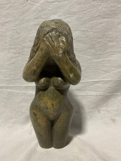 Hand Carved Multi colored Green serpentine Stone Sculpture Nude Woman With hands covering her face