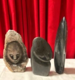 Three unique smaller African carvings one sculpture one is signed 3 different types of stone