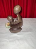 Hand Carved from brown serpentine Stone, sculpture of mother and child, signed from Zimbabwe