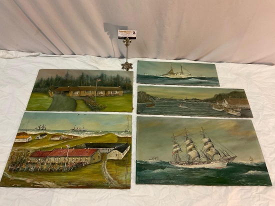 5 pc. lot of vintage original oil paintings on board by artist Captain Chas Havgard