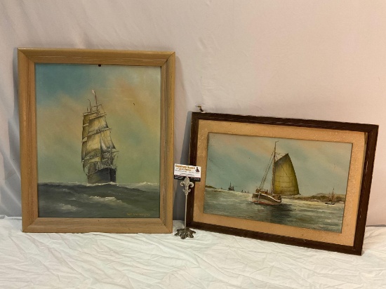 2 pc. lot of framed vintage original oil sailboat ship paintings on board by artist Captain Chas