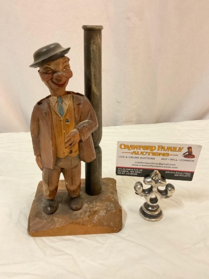 Old antique wood carved drunk man figure stand bottle opener, approx 4 x 3 x 8 in.