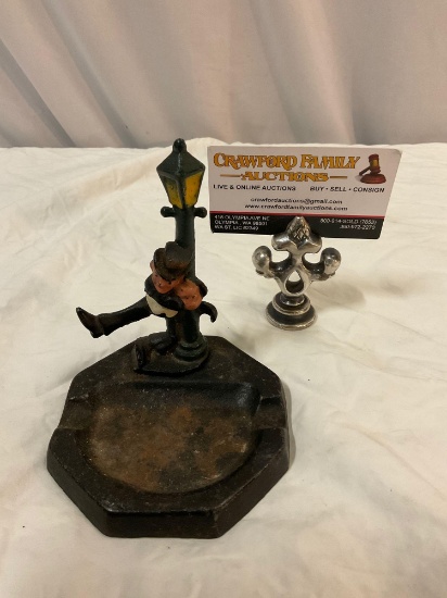 Antique cast iron LAMP POST DRUNK drunken man ashtray, figure not connected to tray, sold as is