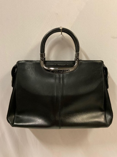 C. Valentino black leather purse, made in Italy, approx 14 x 9 x 5 in. Good used condition.