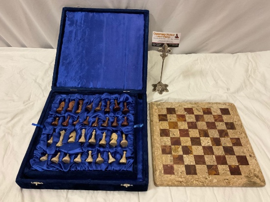 Stone carved chess set w/ stone playing board, 2 playing pieces chipped, sold as is