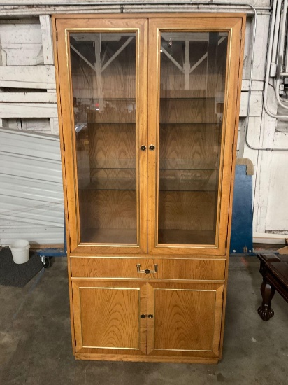 Vintage Founders Lighted Oak Hutch w/ Brass Hardware