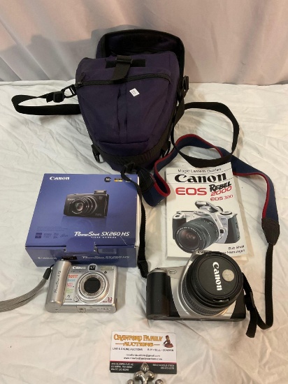2 pc. CANON camera lot: EOS REBEL 2000 w/ book, bag. POWER SHOT SX260 HS digital camera w/ box