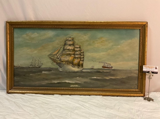 Antique framed original sailing ships painting on board signed by artist Captain Chas Havgard,