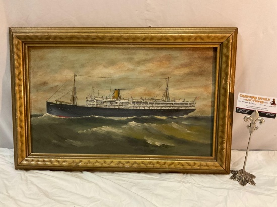 Antique framed original steam ship painting on board by artist Captain Chas Havgard, approx 23.5 x