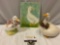 3 pc. lot of swan ceramic figurines & original painting, approx 8 x 8 in.