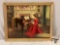Vintage framed art print of elegant woman in red dress playing piano by M. Dittel, approx 29 x 23