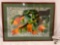 Framed vintage stained glass art piece of an orange tree, approx 27 x 20 in.