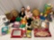 Lot of vintage stuffed toys / games, vinyl baby doll, hand puppets, Etch A Sketch, Scrabble,