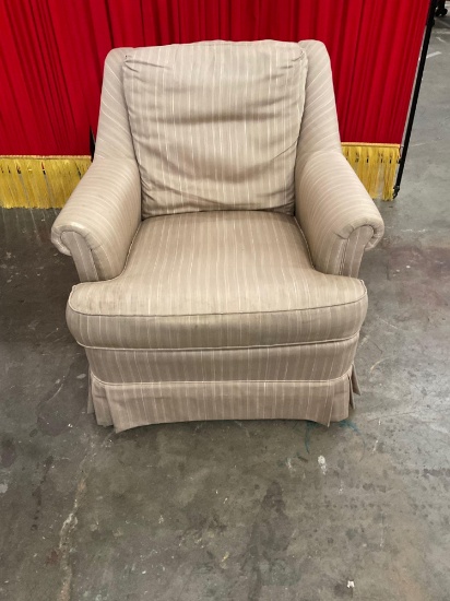 Beige striped easy chair shows wear and some stains as-is