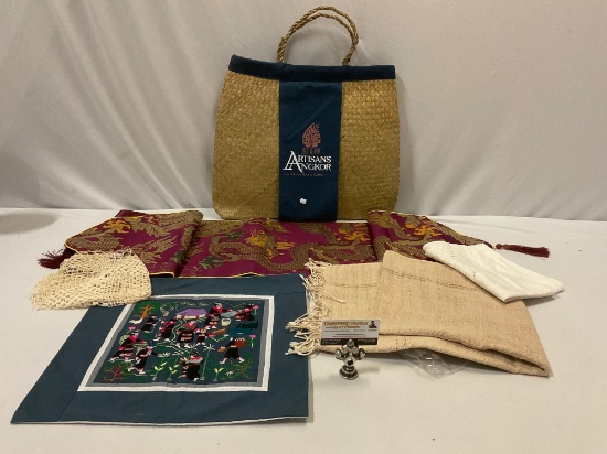 6 pc. lot of Asian dragon table runner, woven bag, knit pillow case, natural shoulder cover & more.