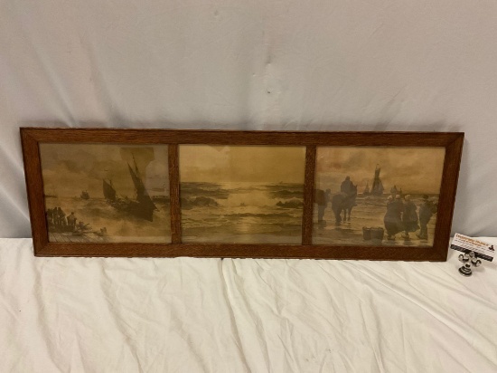 Antique framed coastal art print triptych, sailing ships at sea, people on shore