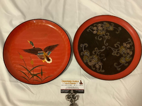 2 pc. lot of vintage Japanese enamel plates w/ hand painted designs, flying duck image, see pics