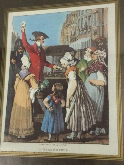 Framed vintage print L?Escamoteur by John James Chalom, original 1820