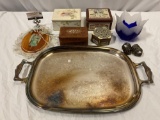 Mixed lot of vintage / modern decor/ jewelry boxes, tins, glass candle holder, silver plate tray,