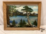 Original nature scene painting signed by artist Royal, approx 27 x 21 in. Needs reset in frame.