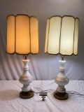 Pair of vintage glass / brass lamps w/ shades, tested/working, approx 16 x 36 in.