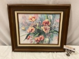 Vintage 1985 framed original stitched floral art signed by artist, approx 19 x 16 in.