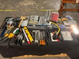 Large selection Of tools, drillbits, NIB chainsaw blades, shop light, levels, see pictures for