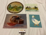 4 pc. lot of original paintings on board, 2 signed by artist, see pics.