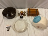 8 pc. mixed lot of vintage decor; ceramic cookie jar, wood jewelry box, crock w/ lid, Pyrex pie pan