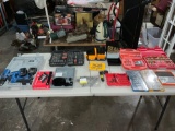 Table full of Large selection of assorted drill bits, Tap and die sets brand new hole saw set plus