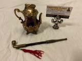 2 pc. lot of vintage / antique smoking items; tea pot shaped lighter, Asian style pipe