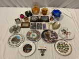 Large mixed lot of vintage souvenir decor, collectible spoons/plates, ballerina music box & more.