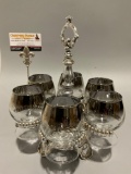 Set of 6 frosted brandy/cognac snifter glasses with metal serving tray. Marked L & L WMC 1970 # 9121