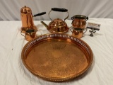 6 pc. lot of copper tea / coffee set w/ tray, creamer, sugar.