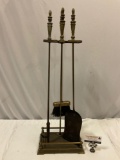 Vintage fireplace poker / scoop / brush set w/ stand, approx 10 x 7 x 30 in.