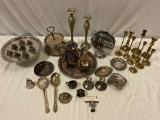 Collection of vintage/antique/modern silver plate, pewter & brass tableware, candle holders, tea pot